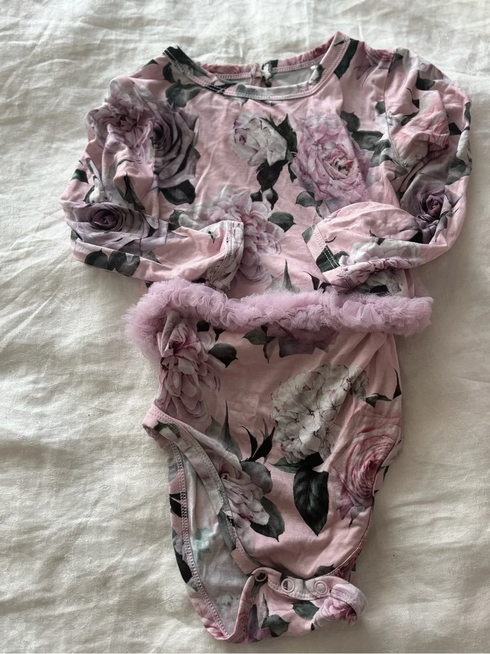 Bums & Roses Baby Girl Pink Floral Tulle Bodysuit Romper 18-24M Long Sleeve